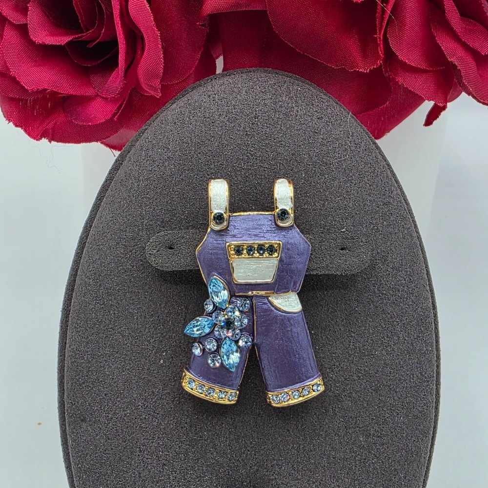 Enamel Crystal Overalls Butterfly Brooch Pin Purple Gold Tone Garden Summer